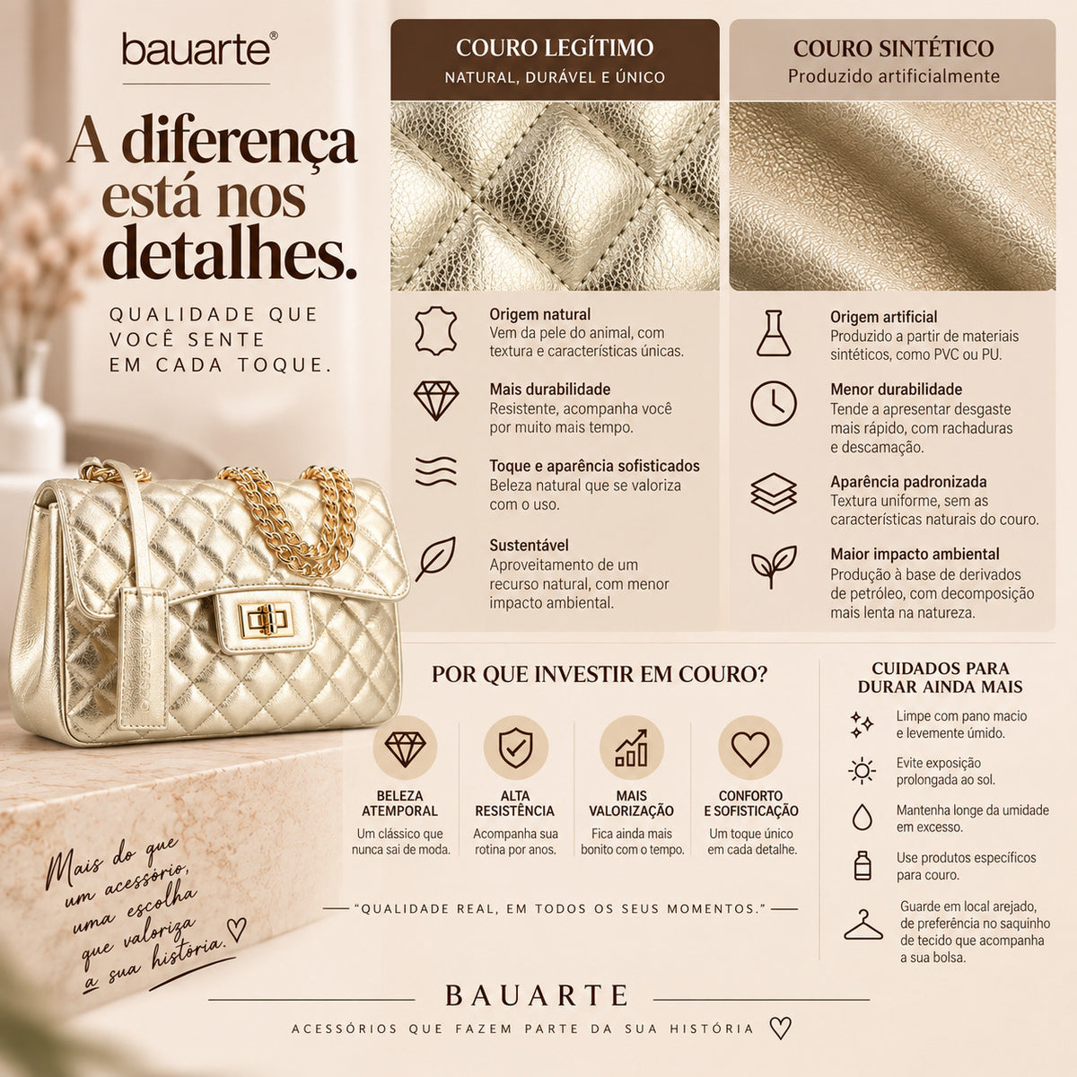 Bolsa de Couro Metalizada Feminina Matelassê Ouro