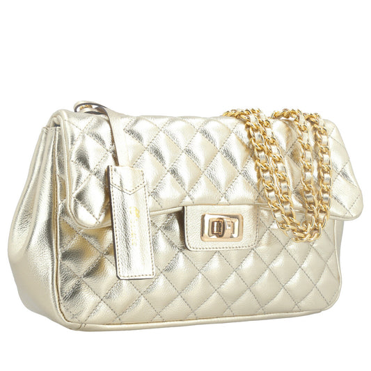 Bolsa de Couro Metalizada Feminina Matelassê Ouro claro