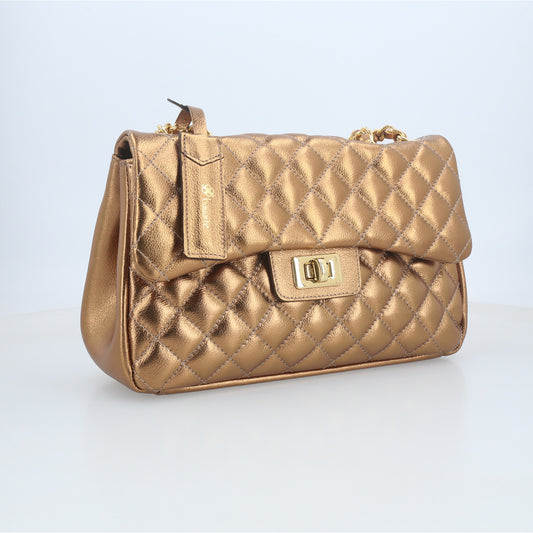 Bolsa de Couro Metalizada Feminina Matelassê Ouro velho