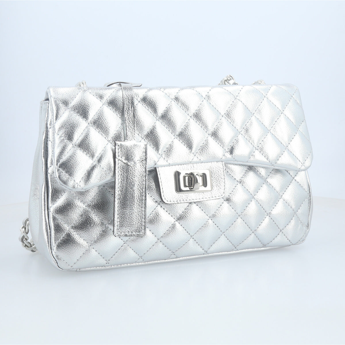 Bolsa de Couro Metalizada Feminina Matelassê Prata