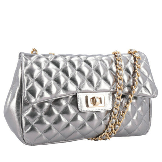 Bolsa de Couro Metalizada Feminina Matelassê Prata velha