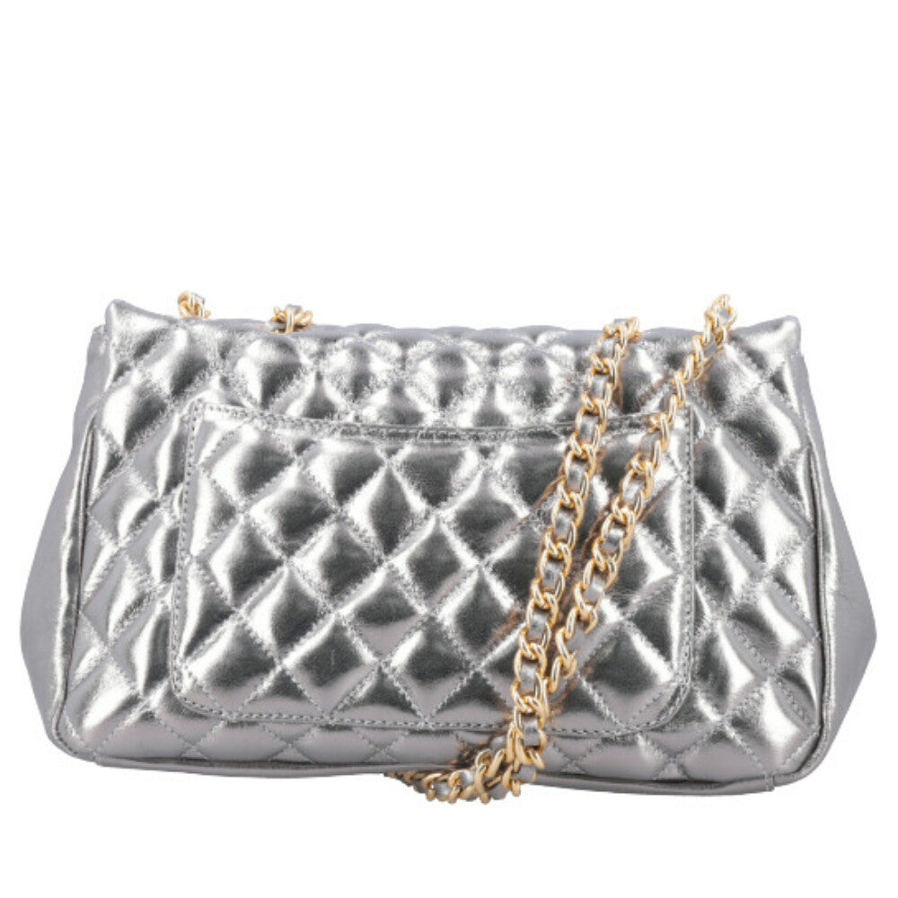 Bolsa de Couro Metalizada Feminina Matelassê Prata velha