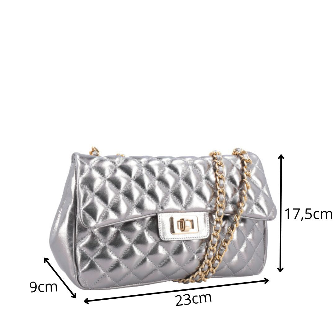 Bolsa de Couro Metalizada Feminina Matelassê Prata velha