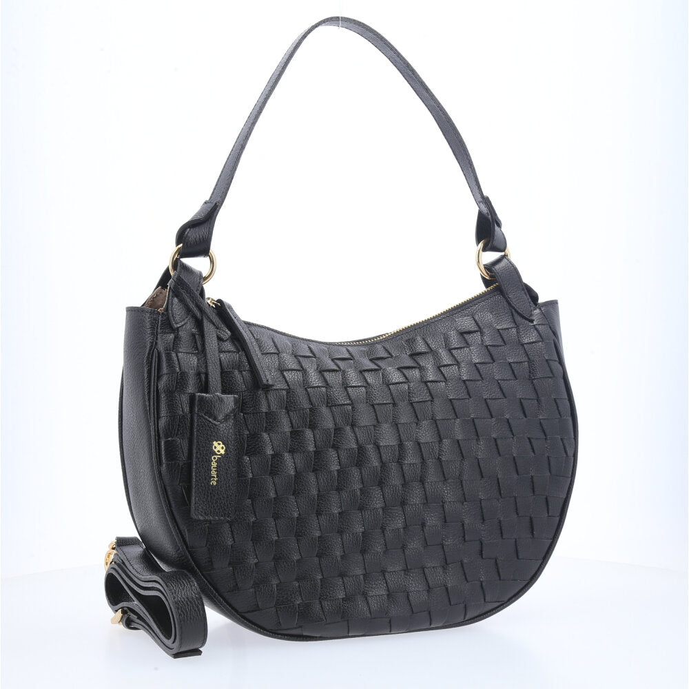Bolsa Meia Lua de Couro Trançada Preto