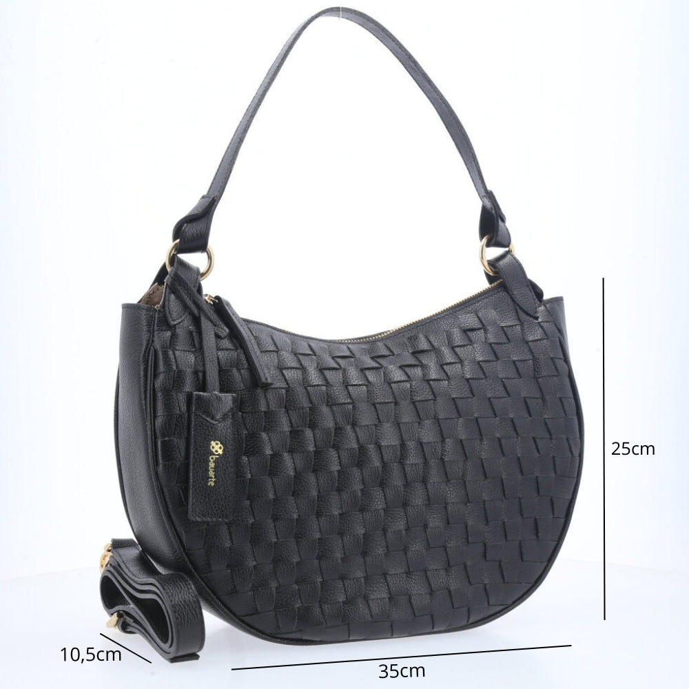 Bolsa Meia Lua de Couro Trançada Preto