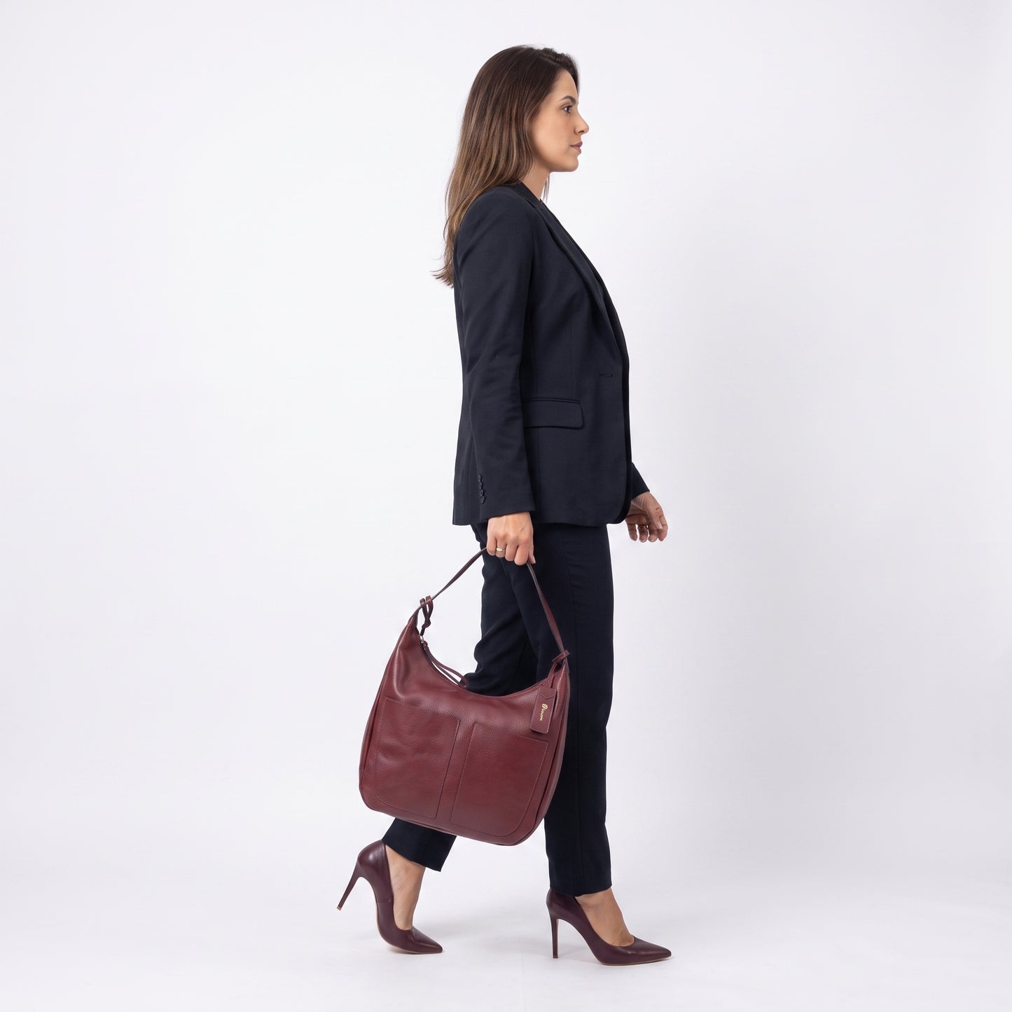 Bolsa Feminina de Ombro em Couro com Bolsos Frontais e Alça Regulável Vinho