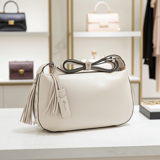 Bolsa Classic Média em Couro com Tassel Marfim