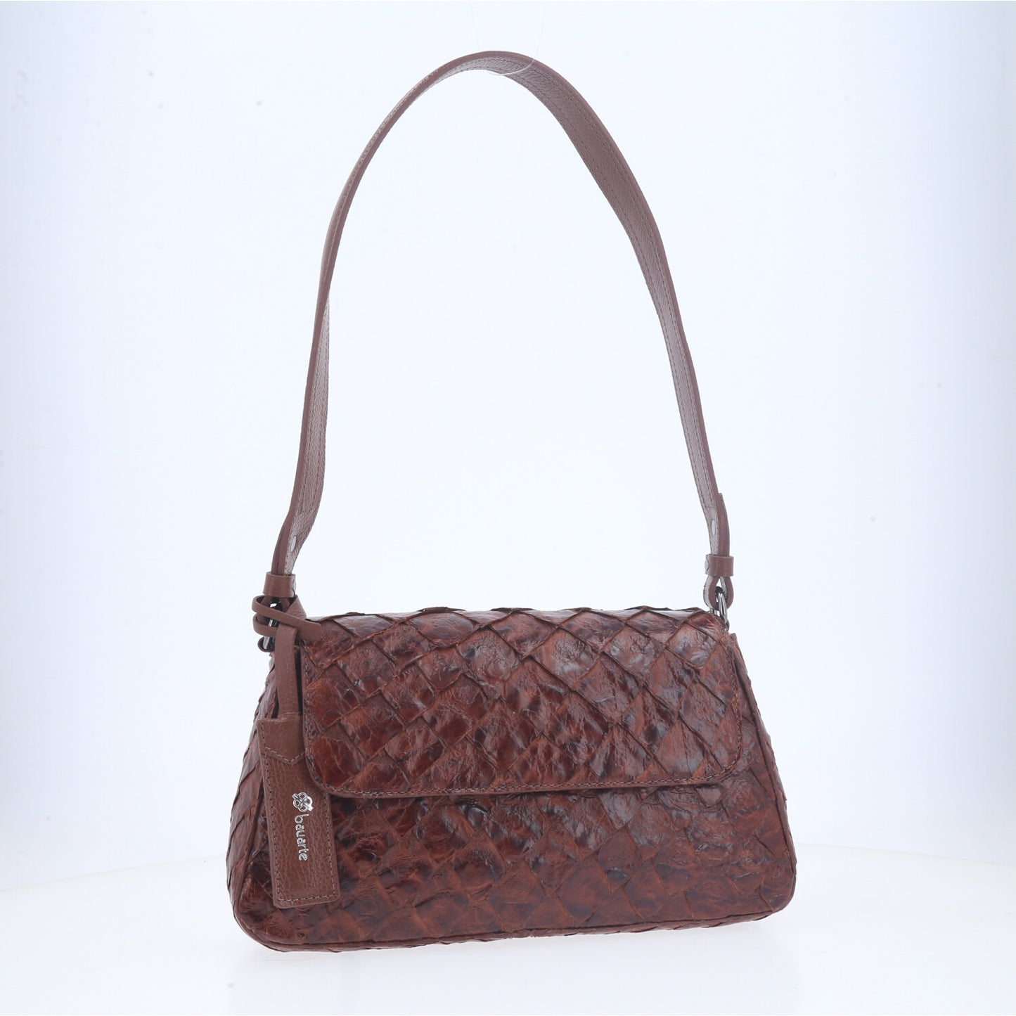 Bolsa Shoulder em Couro de Pirarucu com Alça Fixa Marrom