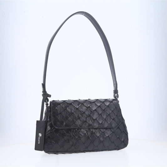 Bolsa Shoulder em Couro de Pirarucu com Alça Fixa Preto