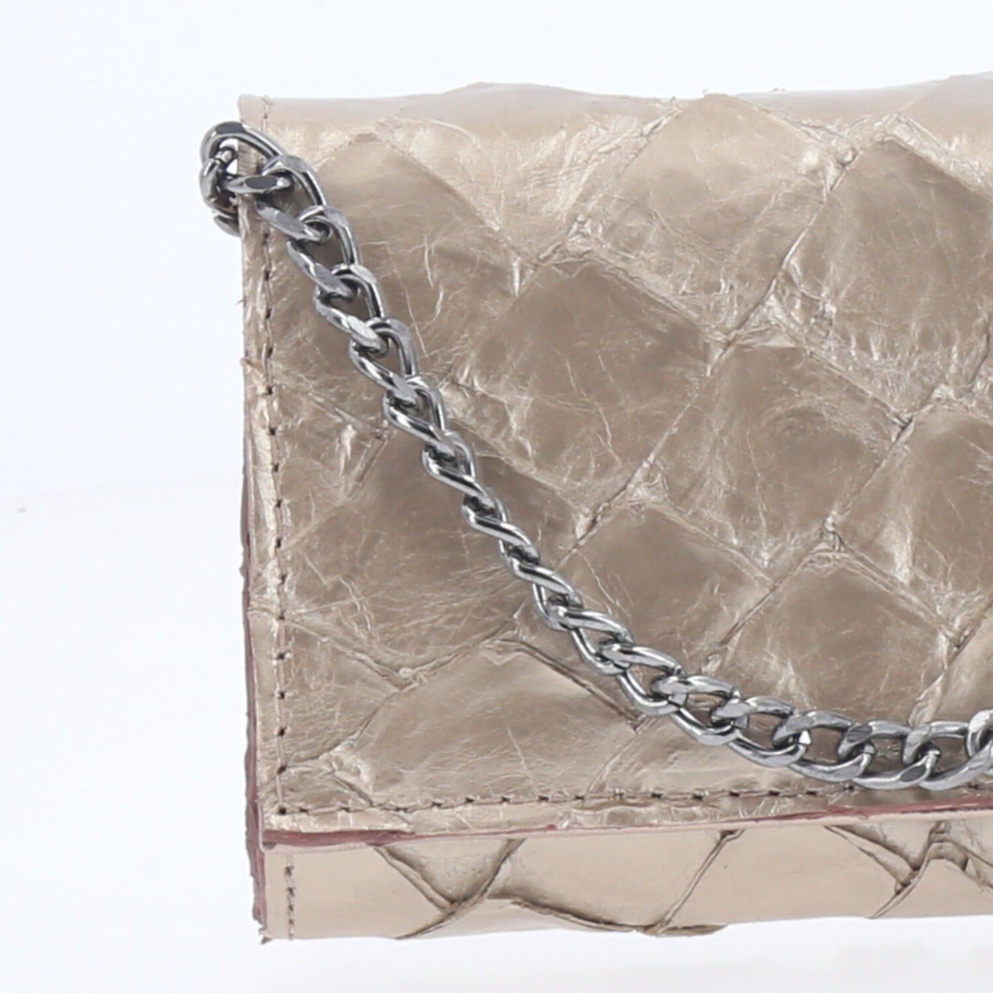 Bolsa Baguete em Couro de Pirarucu com Alça de Corrente  Prata velha
