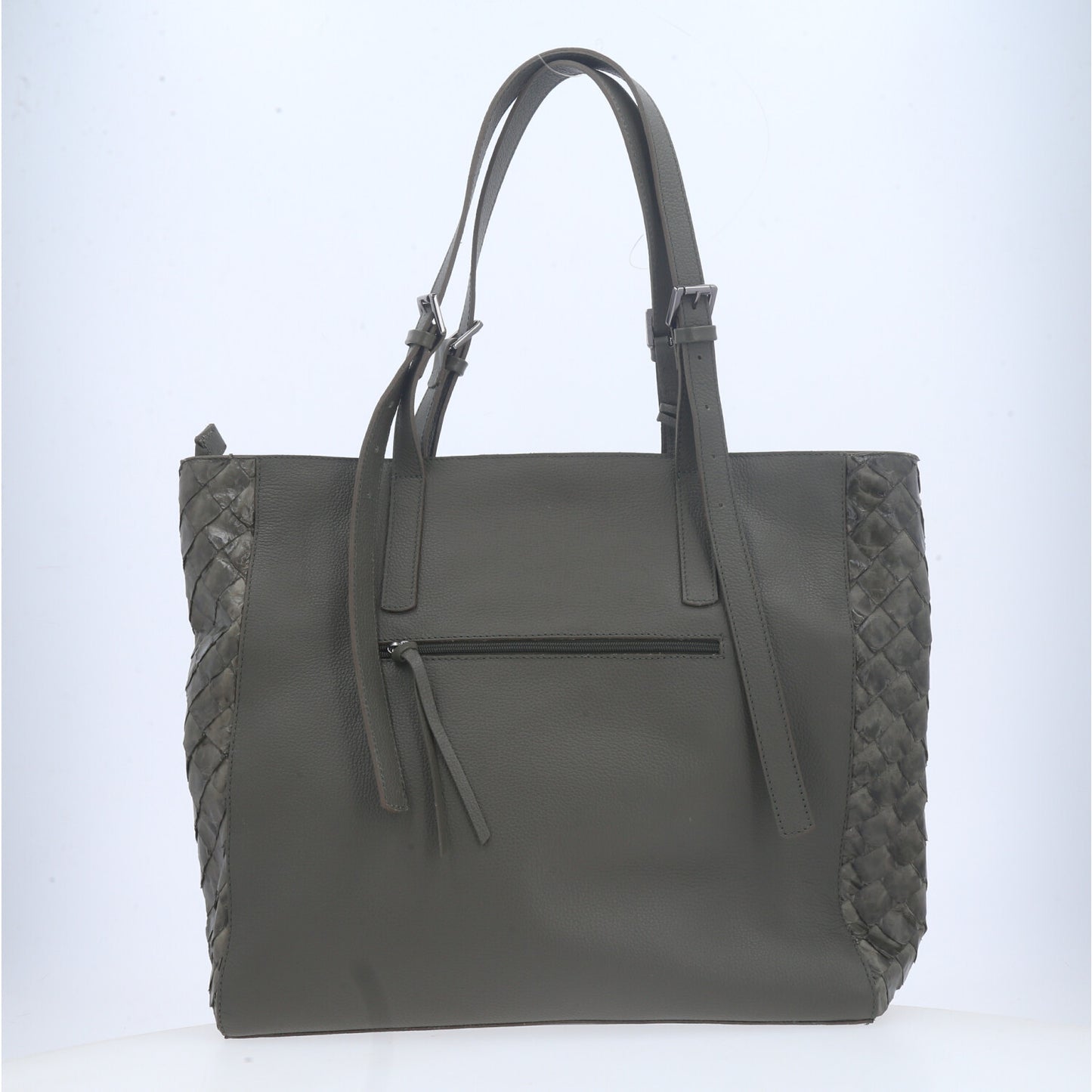 Bolsa Tote em Couro de Pirarucu com Alça Detalhista Verde escuro