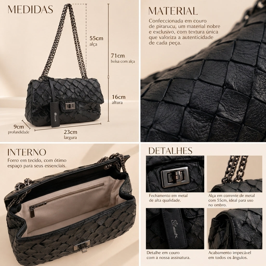 Bolsa Pequena em Couro de Pirarucu com Alça de Corrente  Preto
