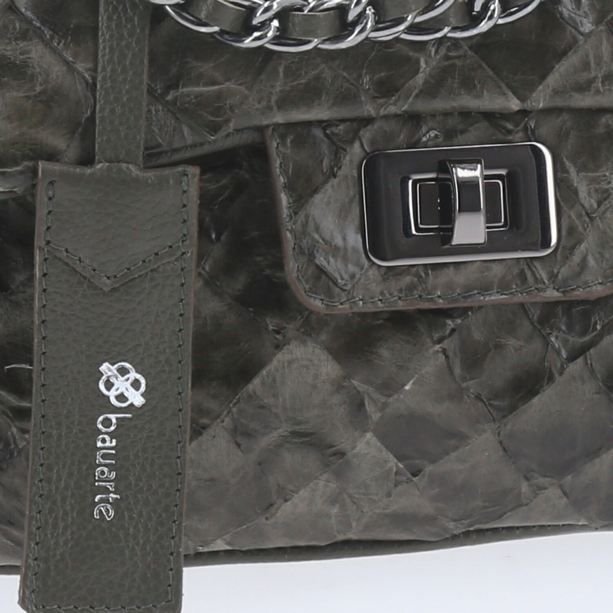 Bolsa Pequena em Couro de Pirarucu com Alça de Corrente  Verde escuro