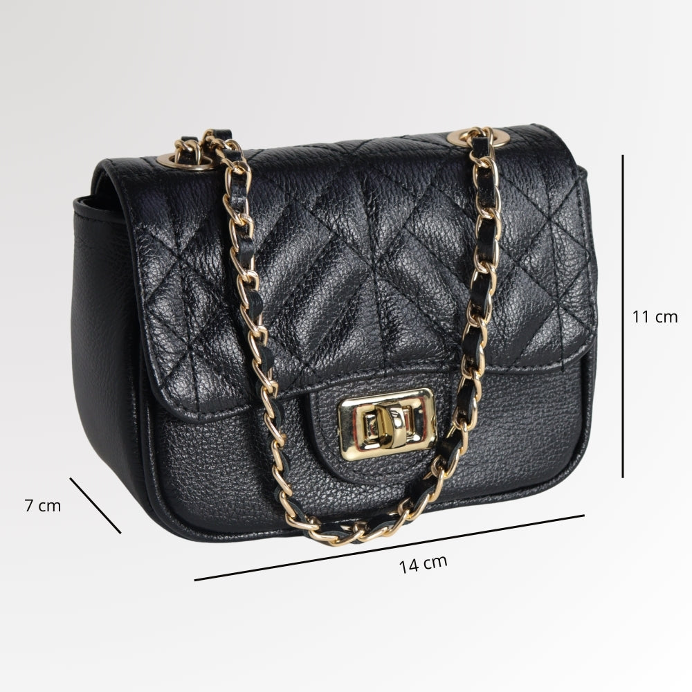 Bolsa Tiracolo em Couro Metalassê com Alça de Corrente Preto