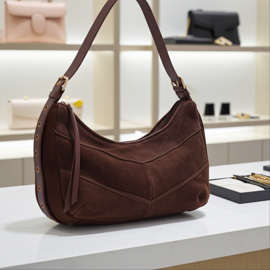 Bolsa em Couro Camurça com Alça Regulável Marrom escuro