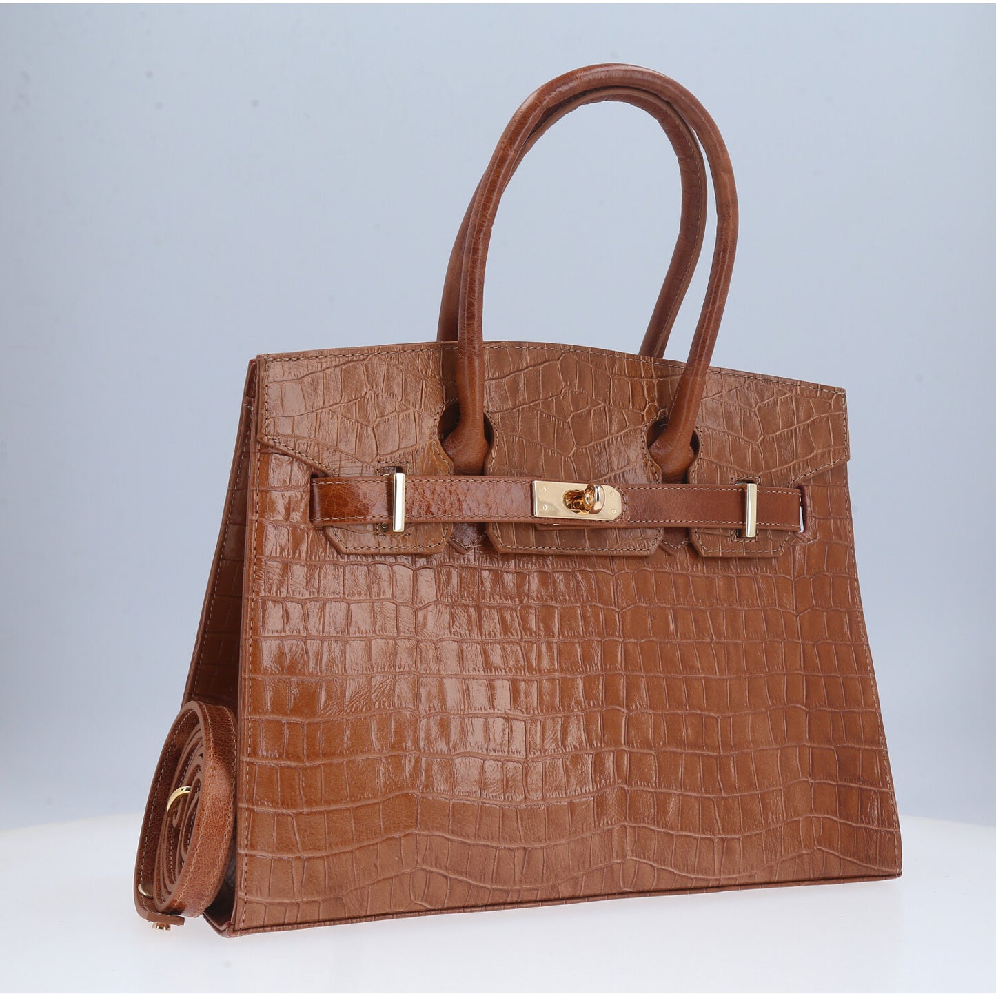 Bolsa Feminina de Couro Croco Estruturada Caramelo