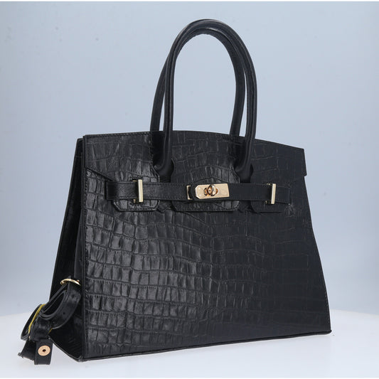 Bolsa Feminina de Couro Croco Estruturada Preto