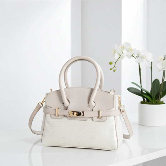 Bolsa de Ombro Feminina em Couro Croco Marfim