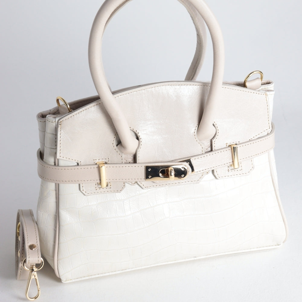 Bolsa de Ombro Feminina em Couro Croco Marfim