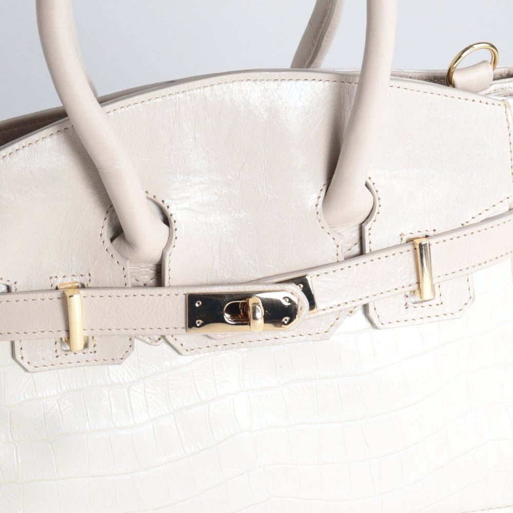 Bolsa de Ombro Feminina em Couro Croco Marfim