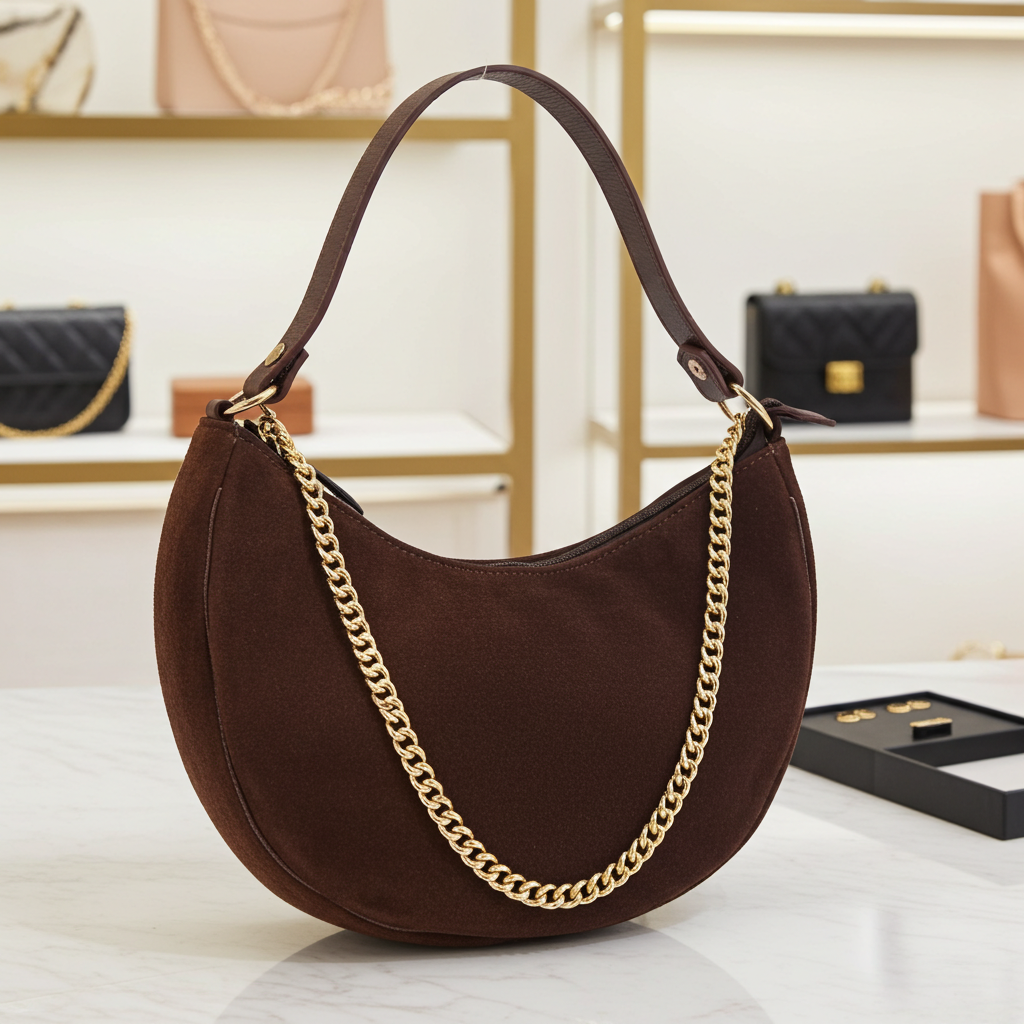 Bolsa em Couro Camurça com Detalhe em Corrente Marrom escuro