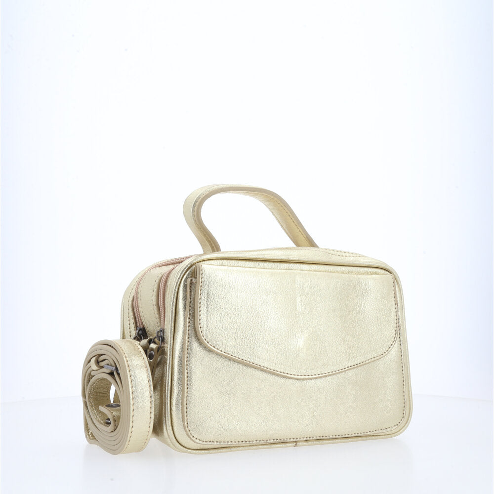 Bolsa de Couro Baú Feminina Metalizada Ouro