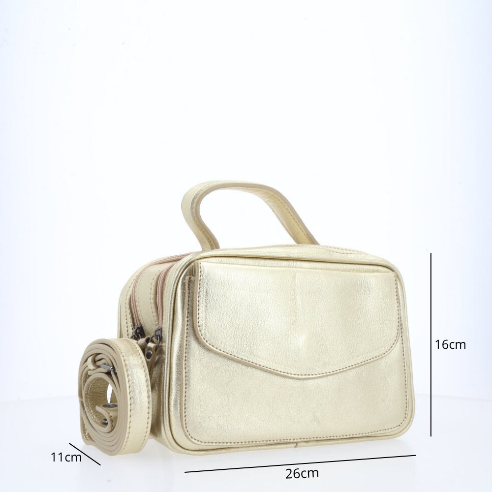 Bolsa de Couro Baú Feminina Metalizada Ouro