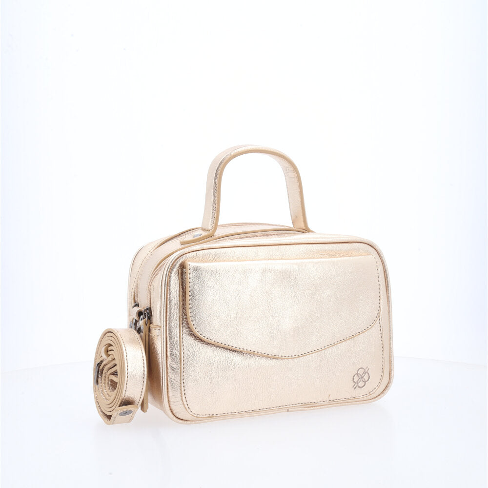 Bolsa de Couro Baú Feminina Metalizada Ouro claro