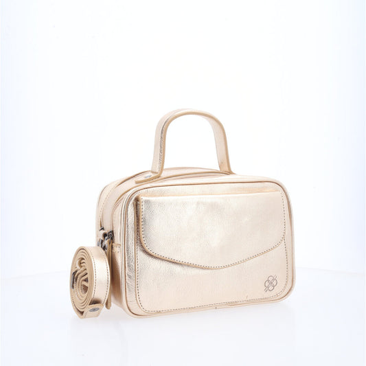 Bolsa de Couro Baú Feminina Metalizada Ouro claro