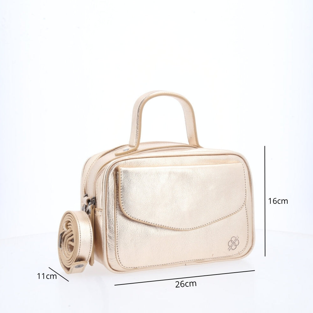 Bolsa de Couro Baú Feminina Metalizada Ouro claro