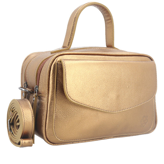 Bolsa de Couro Baú Feminina Metalizada Ouro velho