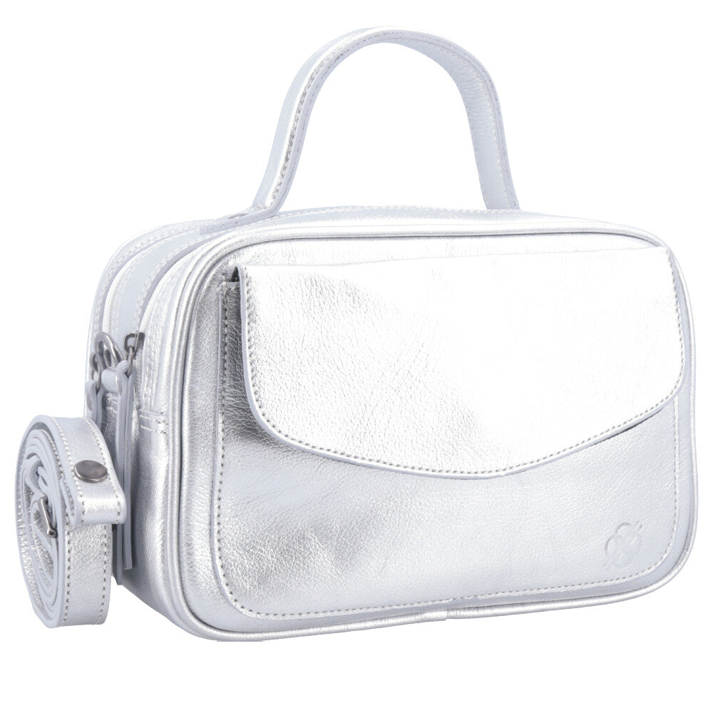 Bolsa de Couro Baú Feminina Metalizada Prata