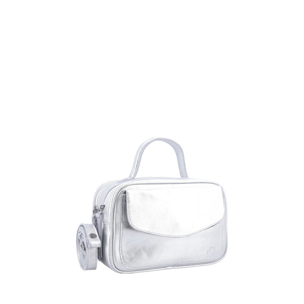 Bolsa de Couro Baú Feminina Metalizada Prata