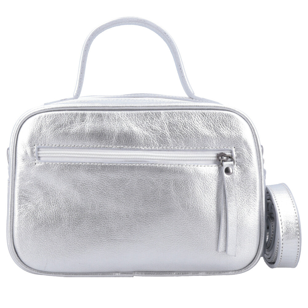 Bolsa de Couro Baú Feminina Metalizada Prata