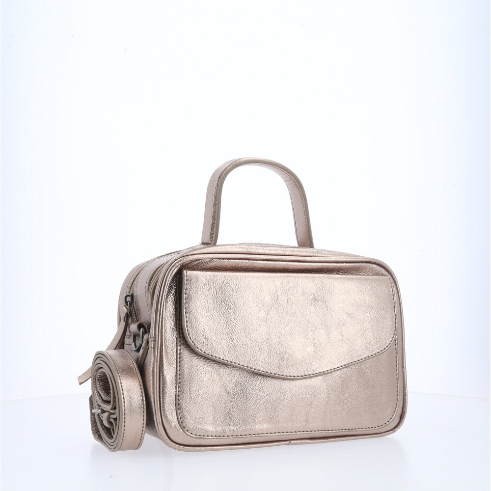 Bolsa de Couro Baú Feminina Metalizada Prata velha