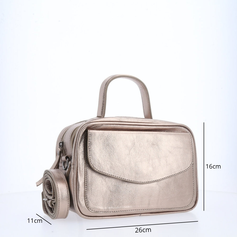 Bolsa de Couro Baú Feminina Metalizada Prata velha