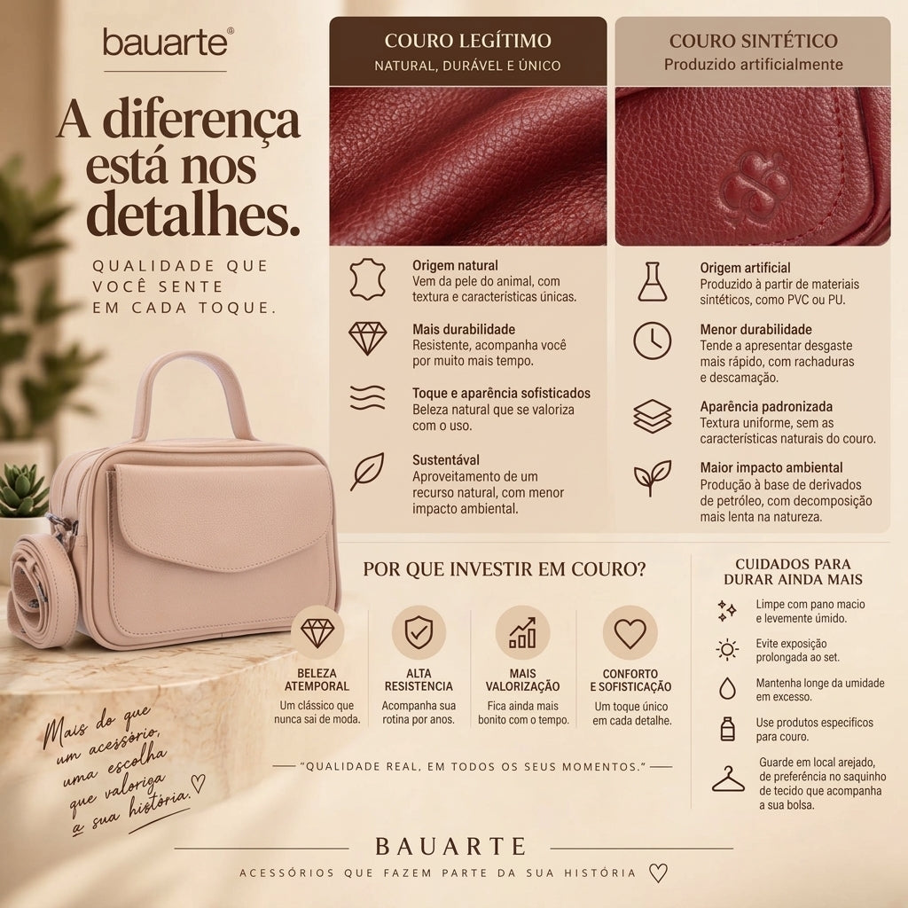 Bolsa Baú em Couro Legitimo com Alça Dupla Removível Bege