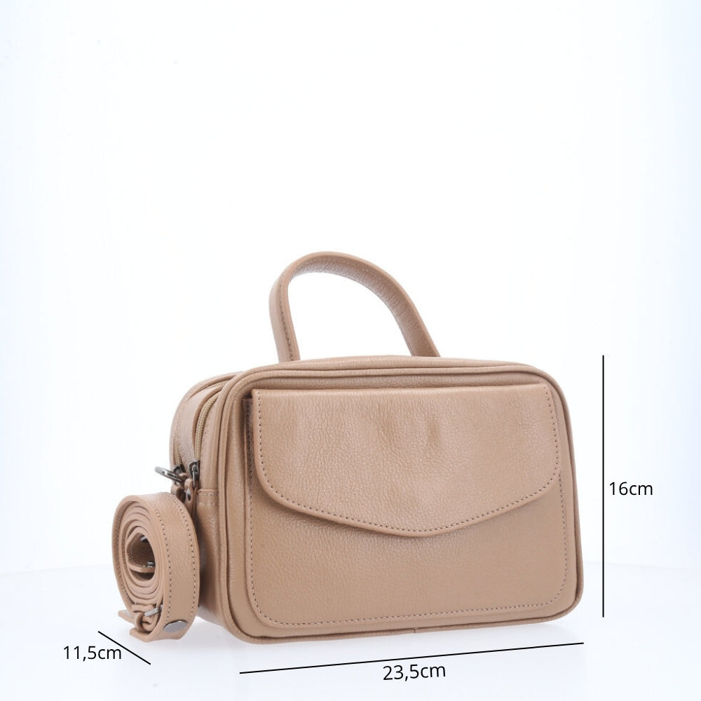 Bolsa de Couro Legítimo Feminina Baú Bege escuro