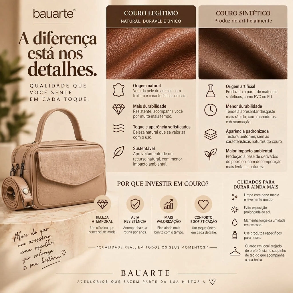 Bolsa Baú em Couro Legitimo com Alça Dupla Removível Bege escuro