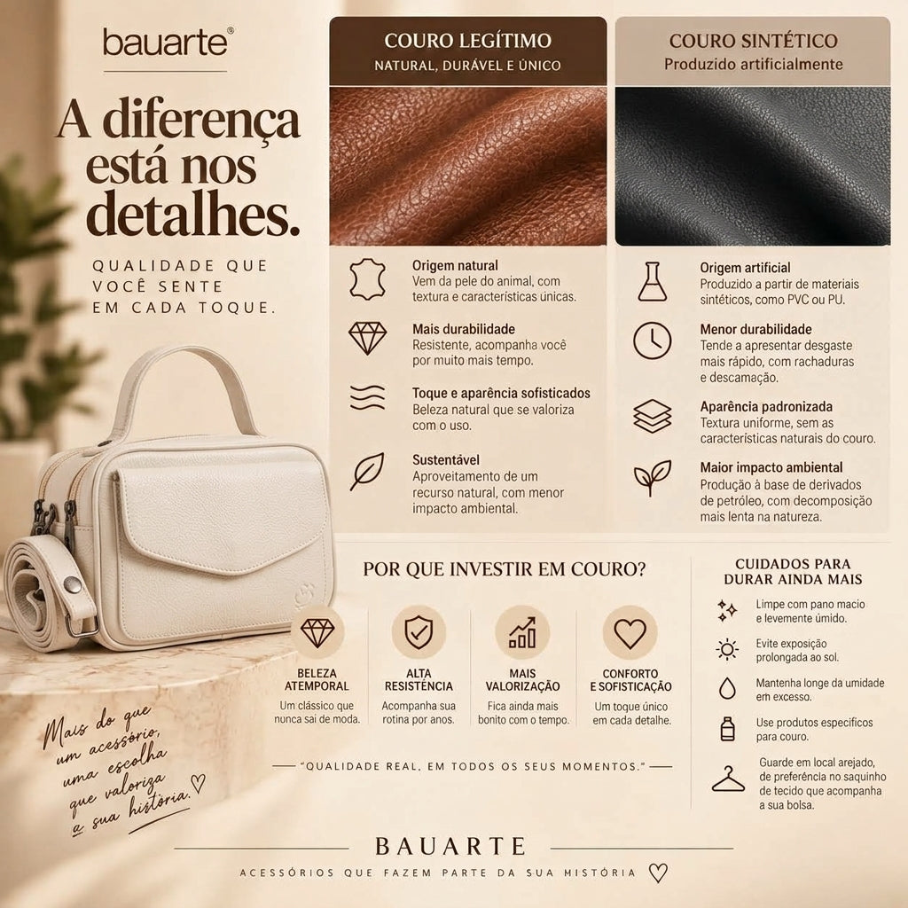 Bolsa Baú em Couro Legitimo com Alça Dupla Removível Marfim