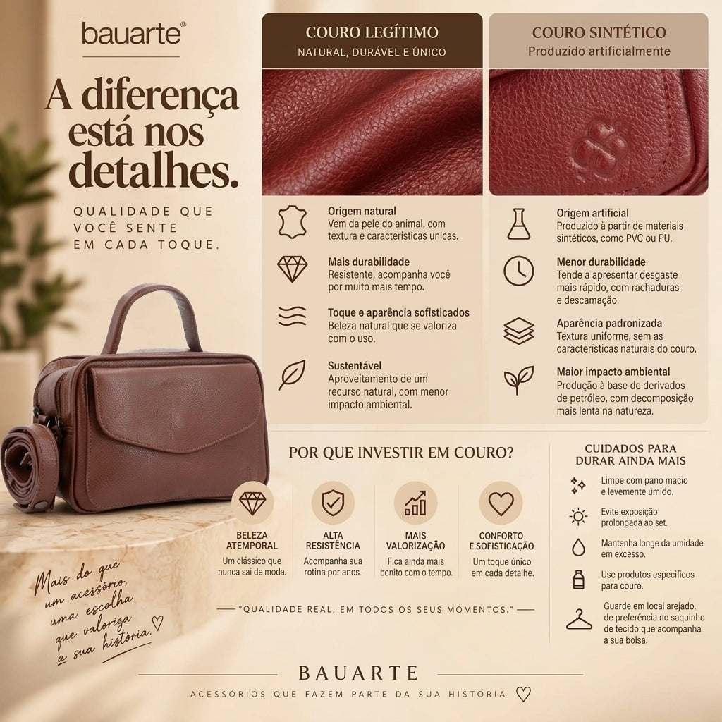 Bolsa Baú em Couro Legitimo com Alça Dupla Removível Marrom