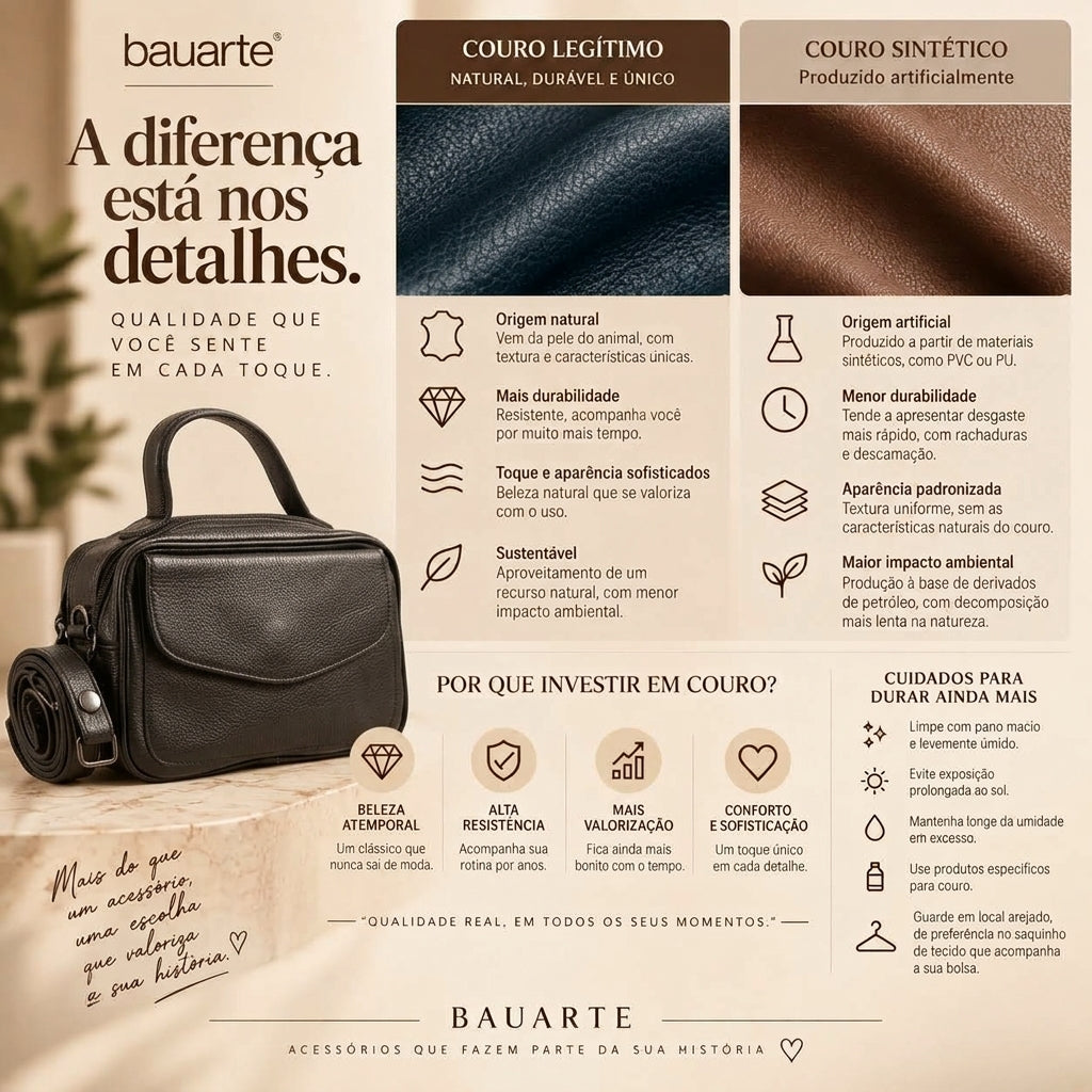 Bolsa Baú em Couro Legitimo com Alça Dupla Removível Preto