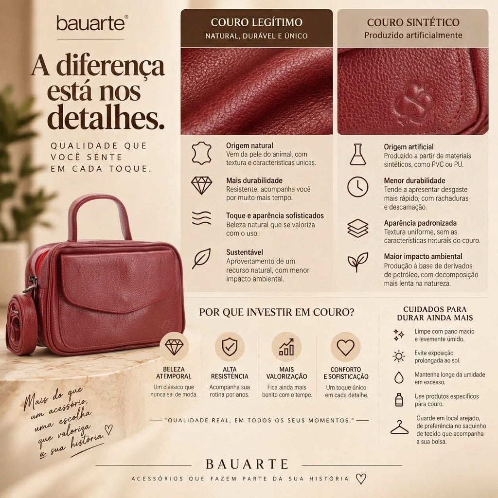 Bolsa Baú em Couro Legitimo com Alça Dupla Removível Vermelho