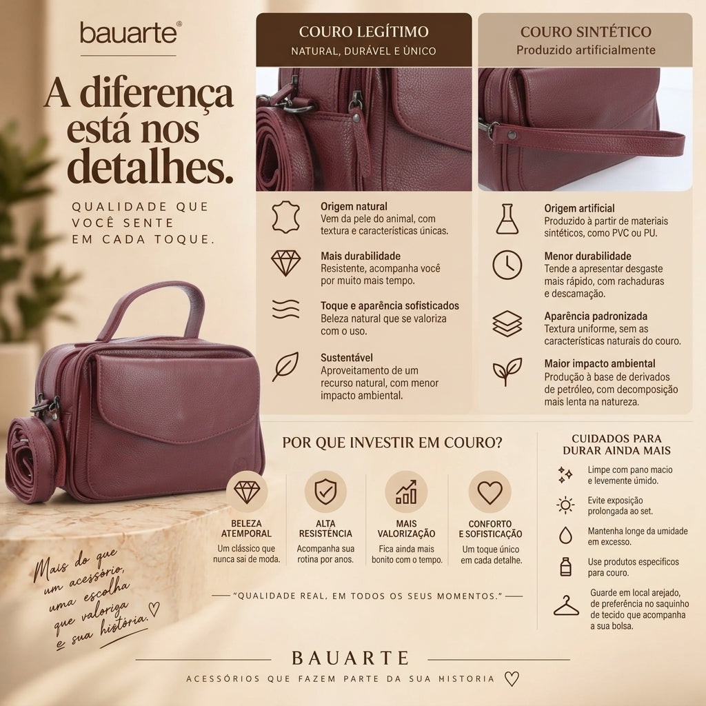 Bolsa Baú em Couro Legitimo com Alça Dupla Removível Vinho
