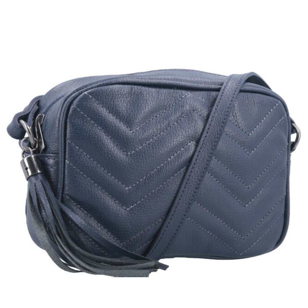 Bolsa Crossbody Feminina em Couro Matelassê com Tassel Azul escuro