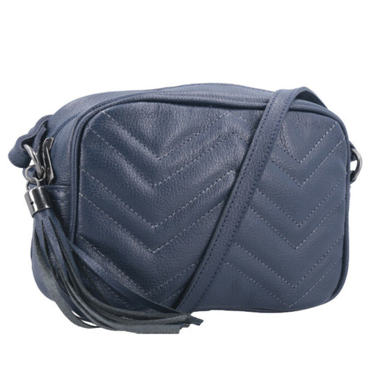 Bolsa Crossbody Feminina em Couro Matelassê com Tassel Azul escuro