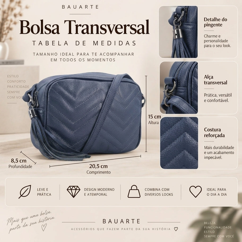 Bolsa Crossbody Feminina em Couro Matelassê com Tassel Azul escuro