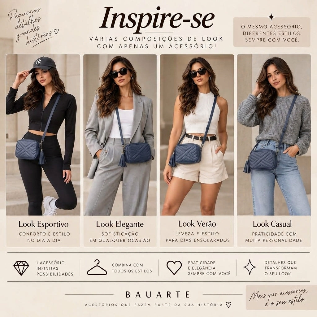 Bolsa Crossbody Feminina em Couro Matelassê com Tassel Azul escuro