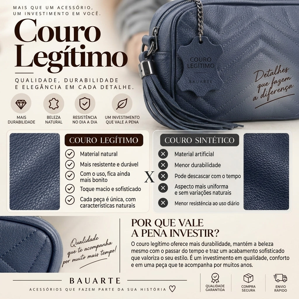 Bolsa Crossbody Feminina em Couro Matelassê com Tassel Azul escuro