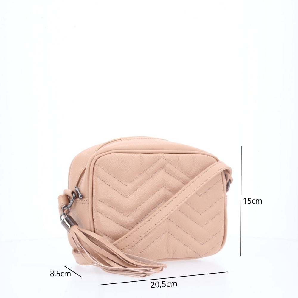 Bolsa Crossbody Feminina em Couro Matelassê com Tassel Bege claro